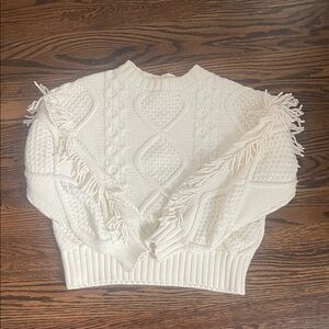 Line & Dot Textured Cream Sweater with Fringe